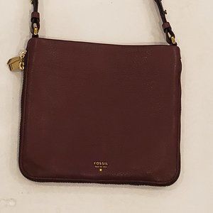 Fossil Dark Brown Genuine Pebbled Leather Expandable Crossbody Bag Brass Hardwar